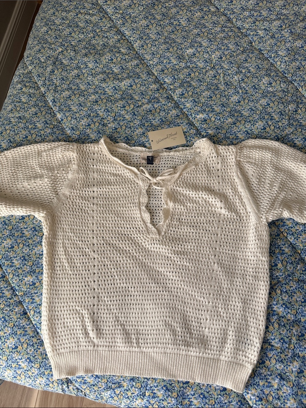 Universal Thread Cream Open-Knit V-Neck Tie Front Pullover